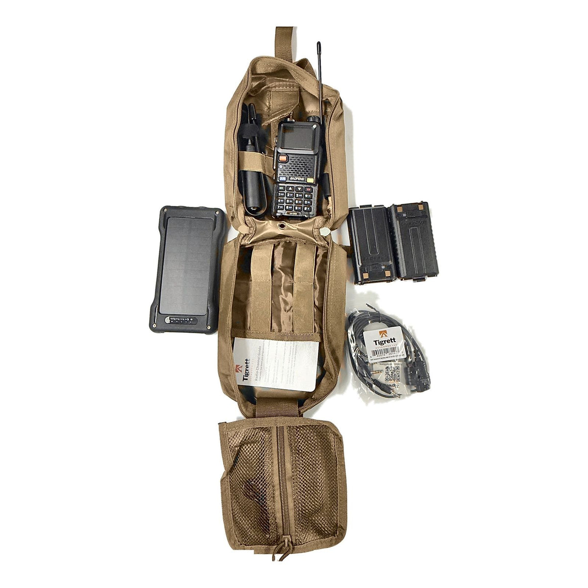 UV-5RM Solar Radio Go Bag Kit in Coyote – full kit contents laid out
