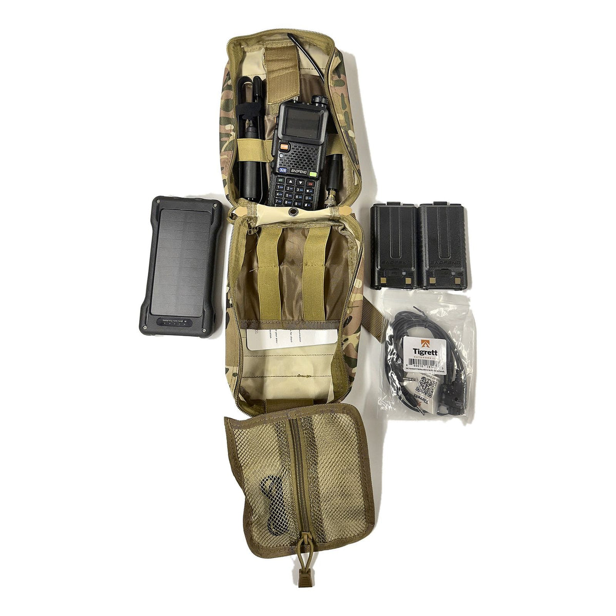 UV-5RM Solar Radio Go Bag Kit in Multicam – full kit contents laid out