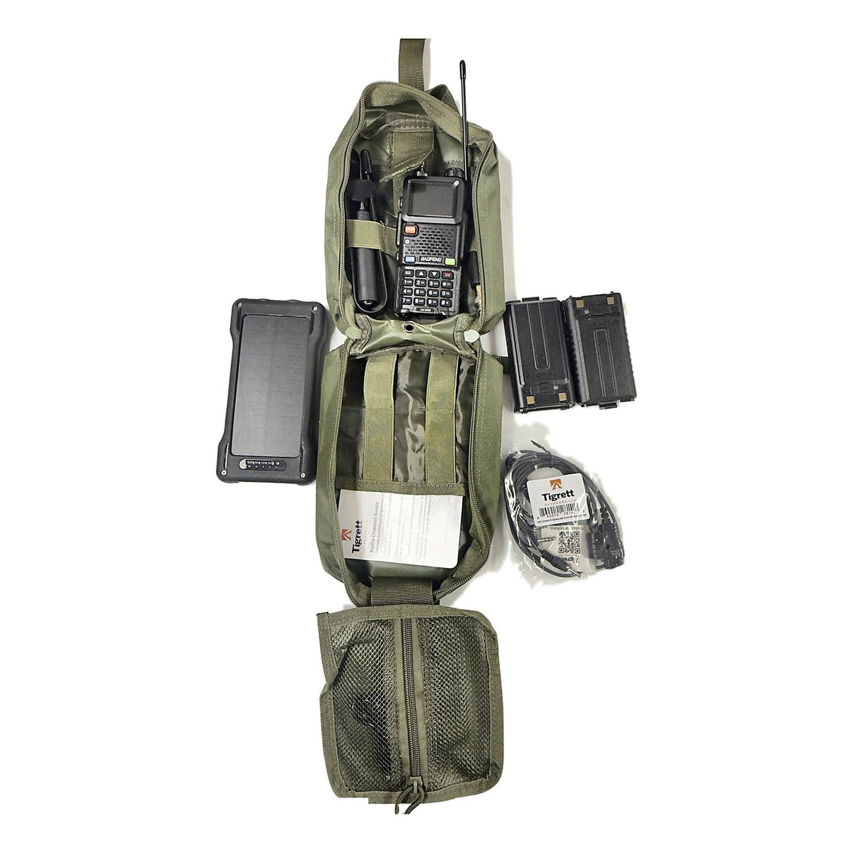 UV-5RM Solar Radio Go Bag Kit in Ranger Green – full kit contents laid out