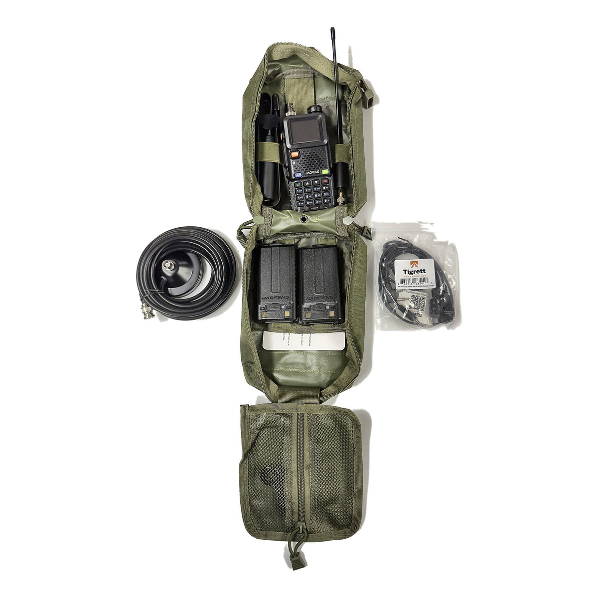 UV-5RM Vehicle Radio Go Bag Kit in Ranger Green – full kit contents laid out