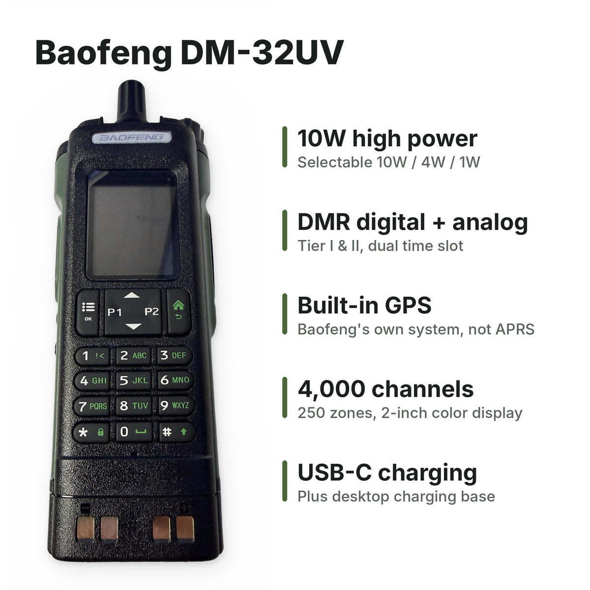 Baofeng DM-32UV 10W Dual Band DMR Radio with GPS | Digital & Analog, 4000 Channels, USB-C