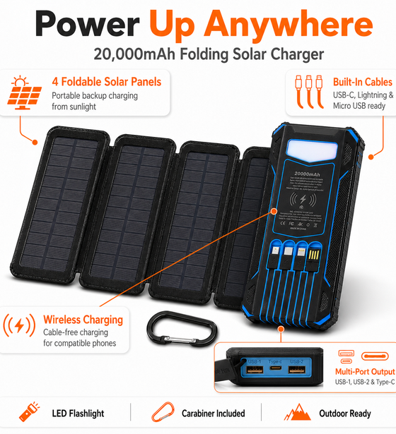 20000mAh Solar Power Bank Charger for Camping – Foldable Solar Charger with Built-in Cables, Wireless Charging & LED Flashlight