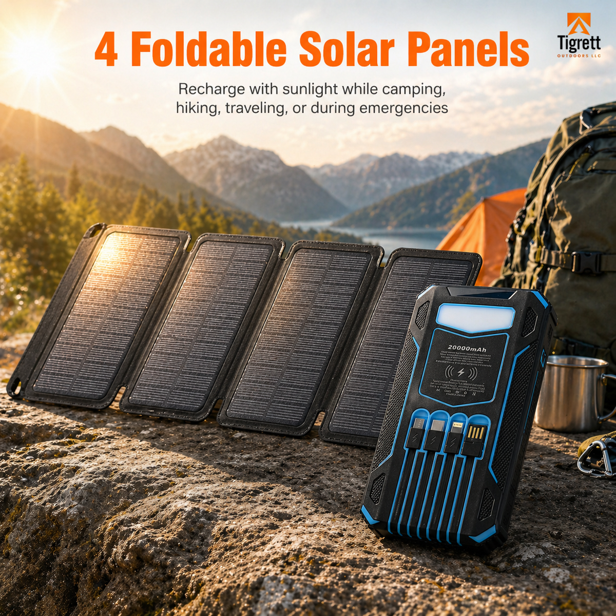 20000mAh Solar Power Bank Charger for Camping – Foldable Solar Charger with Built-in Cables, Wireless Charging & LED Flashlight