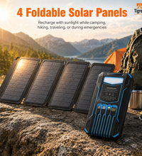 20000mAh Solar Power Bank Charger for Camping – Foldable Solar Charger with Built-in Cables, Wireless Charging & LED Flashlight