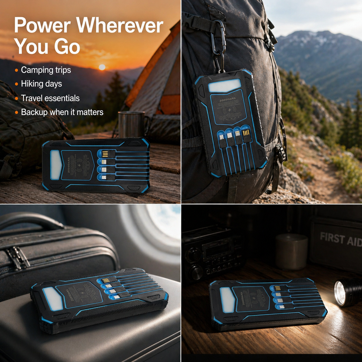 20000mAh Solar Power Bank Charger for Camping – Foldable Solar Charger with Built-in Cables, Wireless Charging & LED Flashlight
