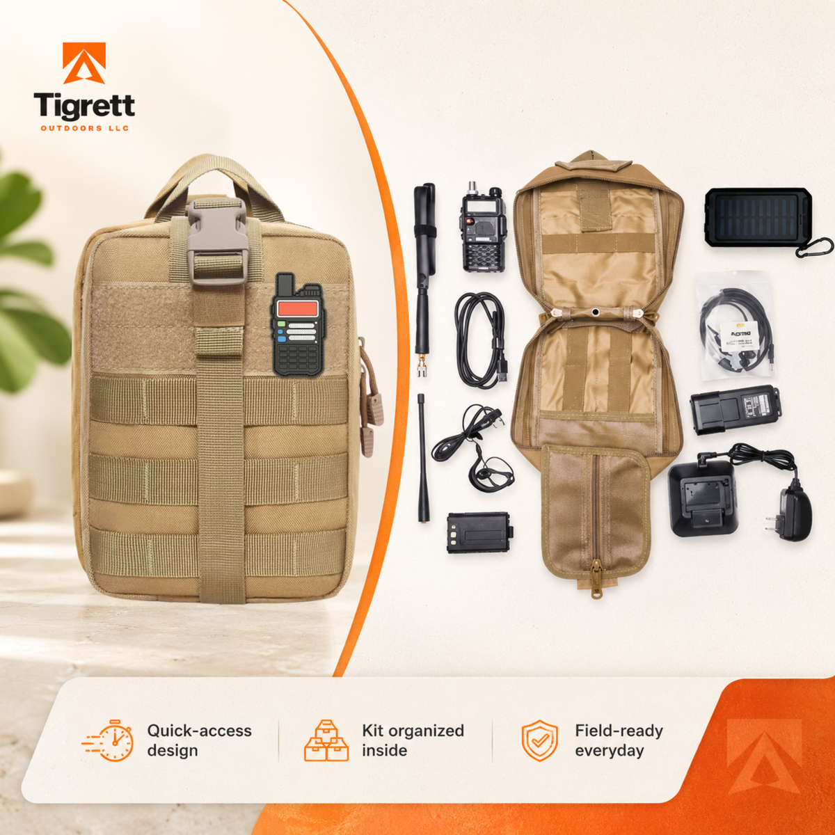 Ham Radio Go Bag (Just the Bag - No Gear) with Tear-Away Velcro Back - Molle Compatible, Multi-Pocket Design for Radios, Cables, and Gear