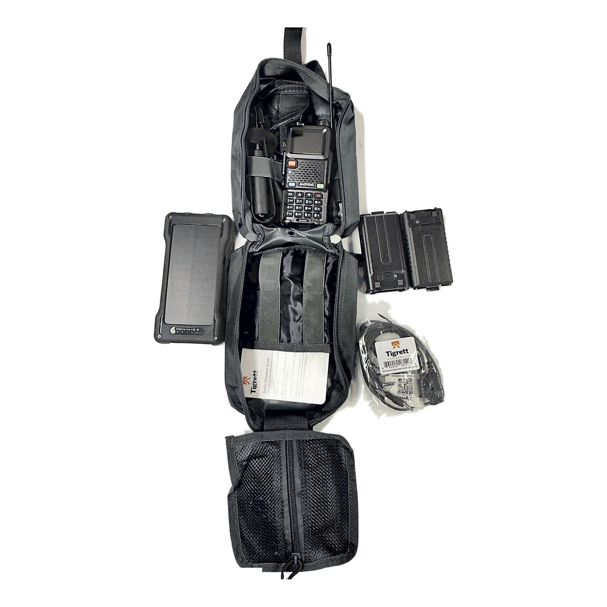 UV-5RM Solar Radio Go Bag Kit in Black – radio, 10,000mAh solar charger, 18.5 in folding antenna, battery and cables laid out