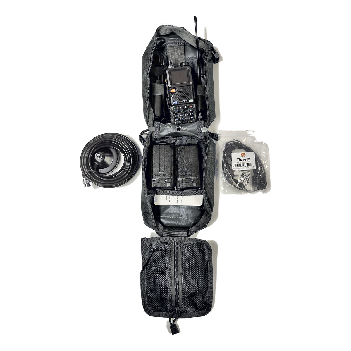 UV-5RM Vehicle Radio Go Bag Kit in Black – radio, magnetic mount antenna, 18.5 in folding antenna, battery and cables laid out