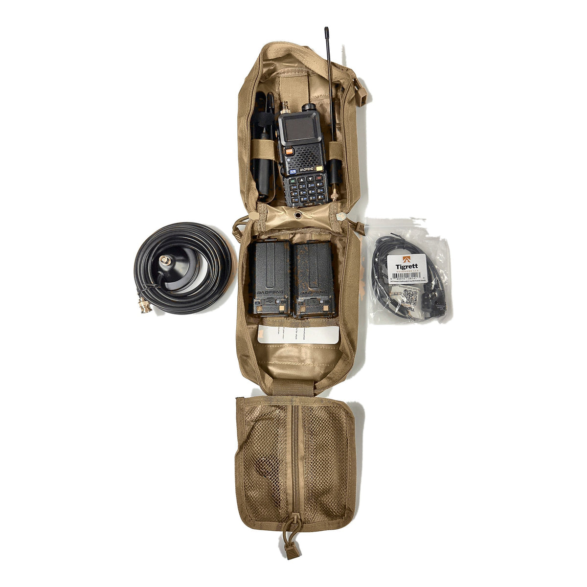 UV-5RM Vehicle Radio Go Bag Kit in Coyote – full kit contents laid out