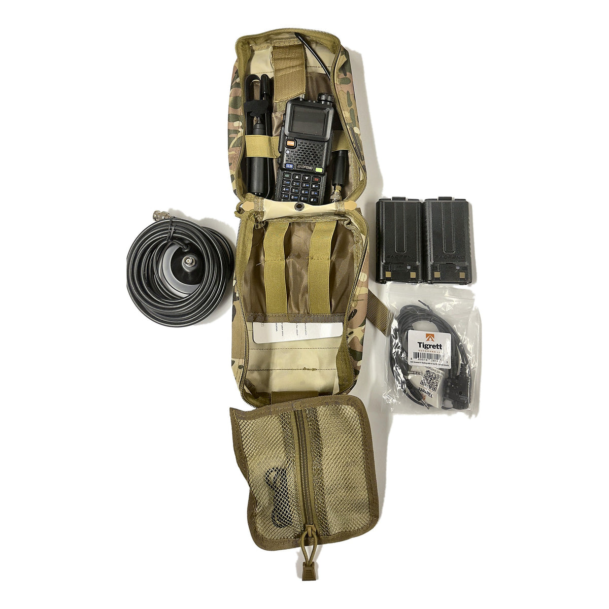 UV-5RM Vehicle Radio Go Bag Kit in Multicam – full kit contents laid out