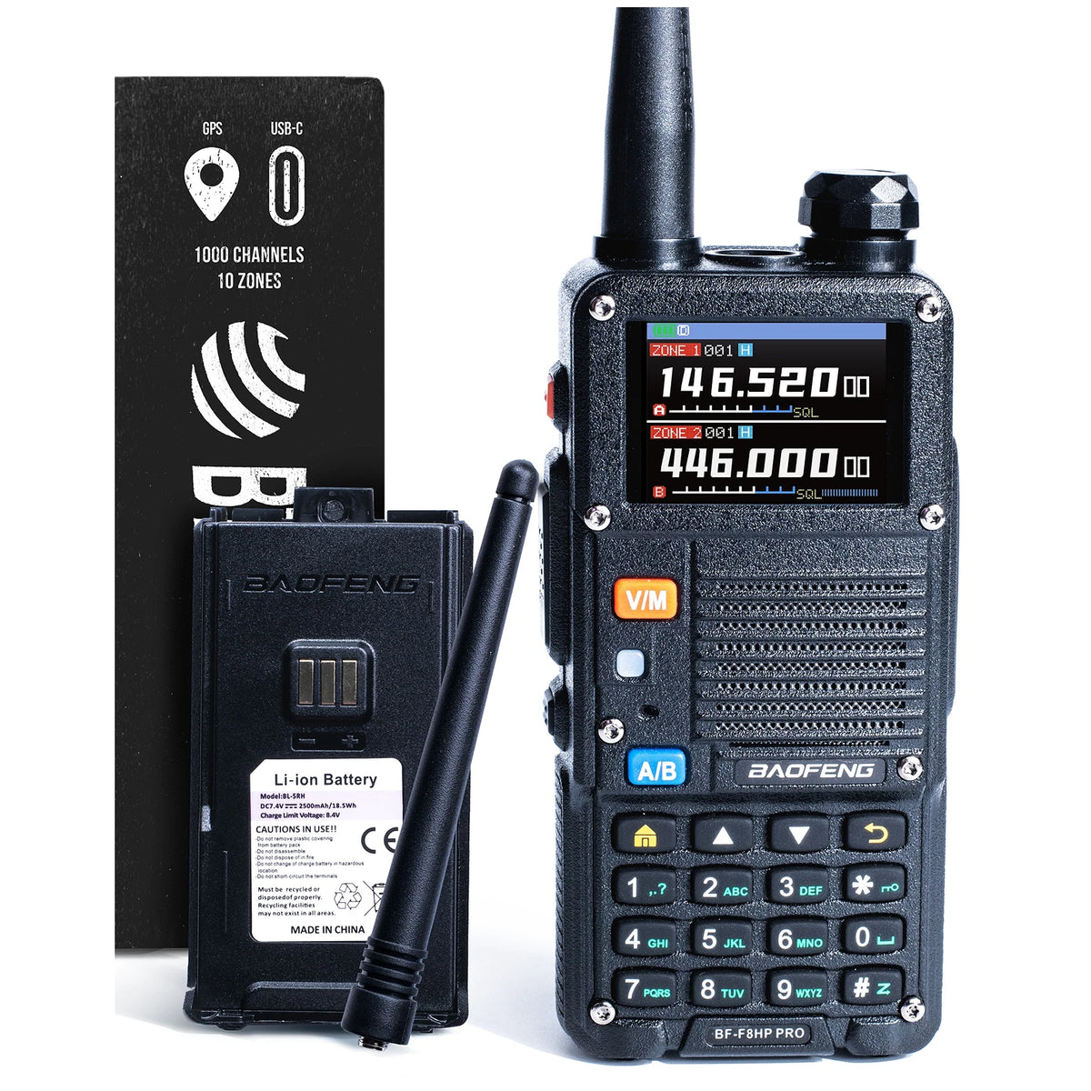 Baofeng BF-F8HP PRO 8W Tri-Band Two-Way Radio | IP54 Waterproof, 1000 Channels, GPS, NOAA Alerts, USB-C Rechargeable